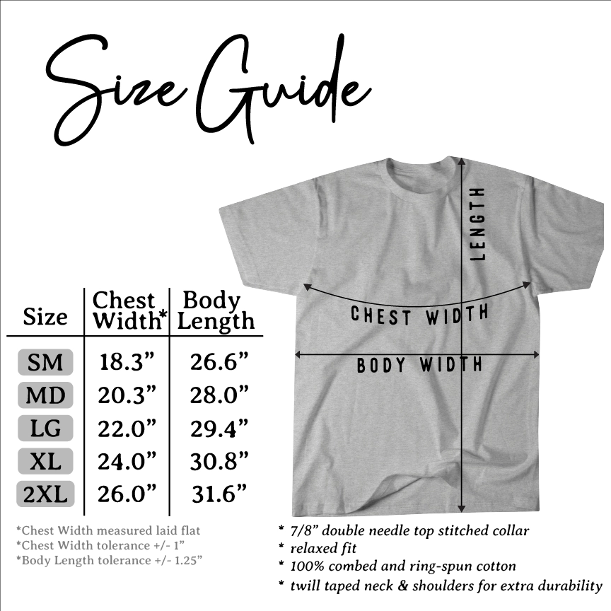 T-Shirt sizing quide for ladies Never Lose Hope Designs