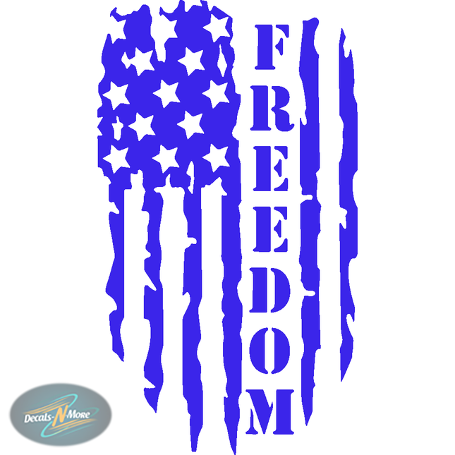 Blue American flag with 'FREEDOM' text on a white background, featuring Decals N More logo.