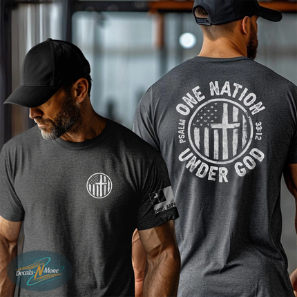 One Nation Under God Cross Christian Graphic Tee on model showing front and back graphics