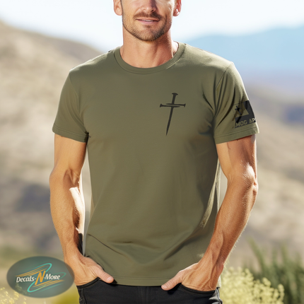 Three Nails Christian Graphic Tee shown on male model