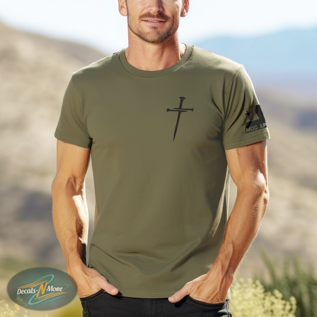 Three Nails Christian Graphic Tee shown on male model