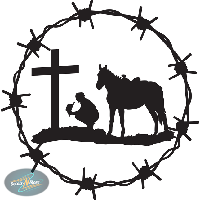 Praying Cowboy Horse at Cross – A Symbol of Faith and Western Heritage in black vinyl