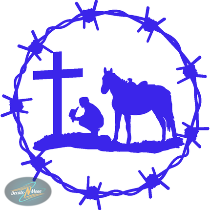 Praying Cowboy Horse at Cross – A Symbol of Faith and Western Heritage in blue vinyl