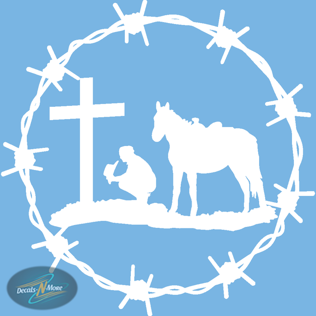 Praying Cowboy Horse at Cross – A Symbol of Faith and Western Heritage in white vinyl
